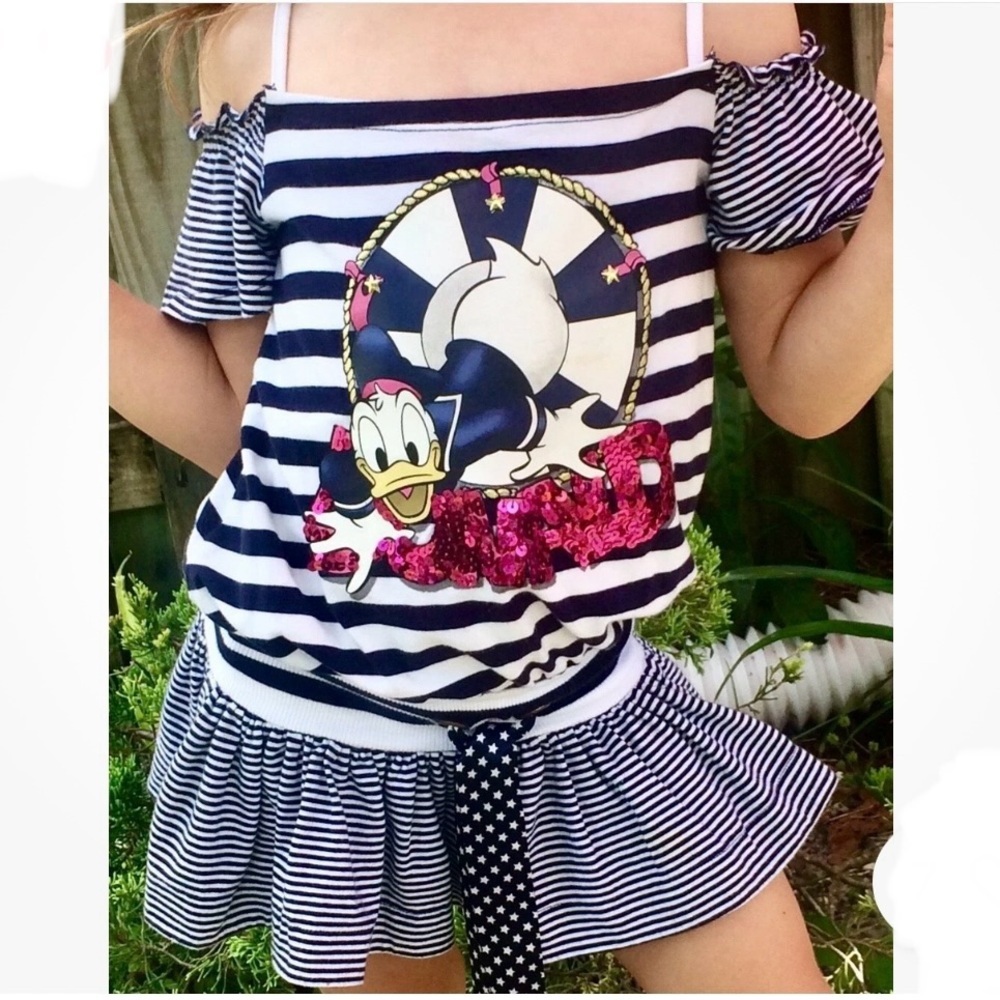 Monnalisa SpA Donald Duck Disney Girl’s Navy Tunic Dress 5 nautical stripes RARE